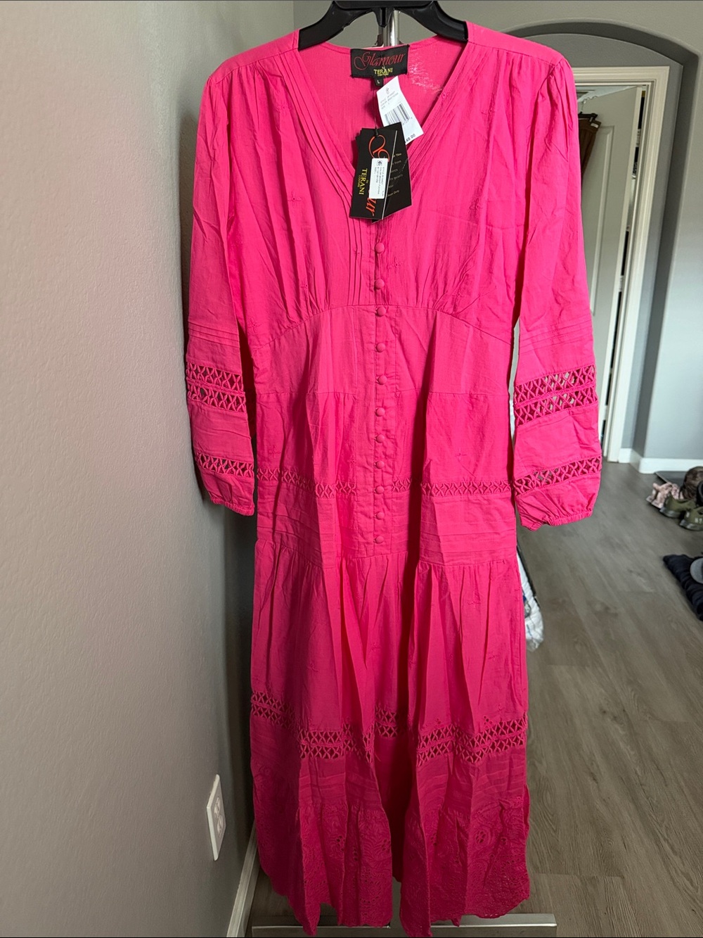 Bright Pink Tiered Midi Dress with Crochet Trim